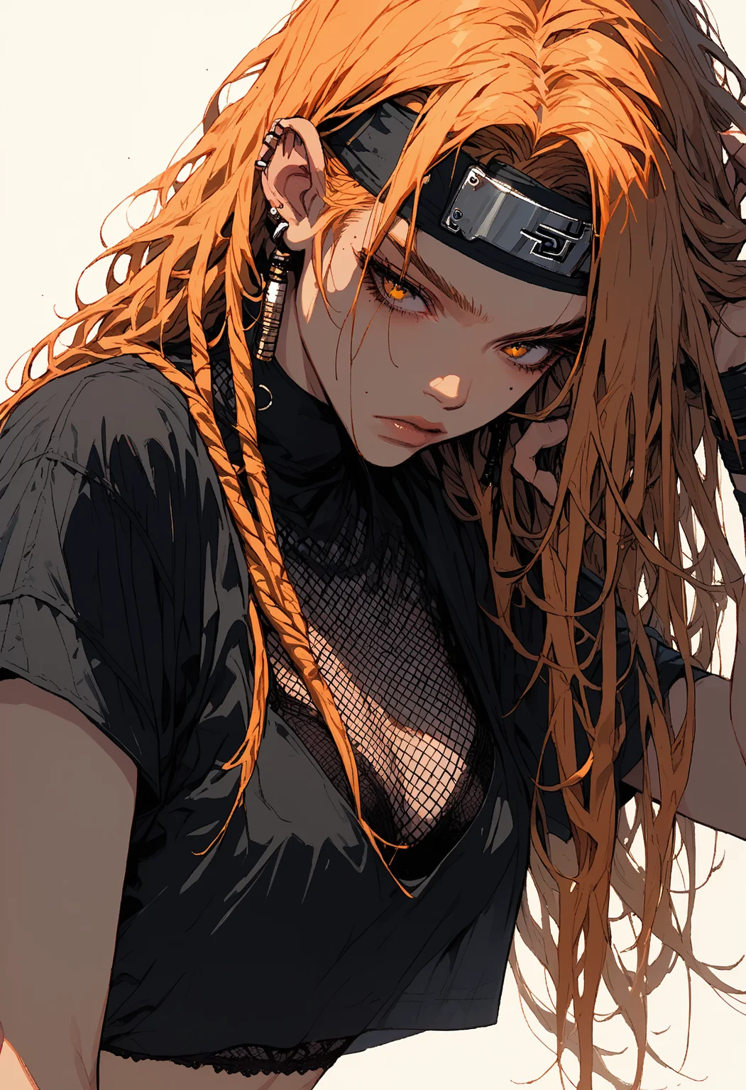 score_9, score_8_up, score_7_up,source_anime,1girl,solo,orange hair,long hair,dreadlocks,headband,ear,hair behind ear,hazel eyes,perfecteyes,mole under eye,eyebrows,fishnet tshirt,bra,black tshirt,midriff,sinozick,flat colors