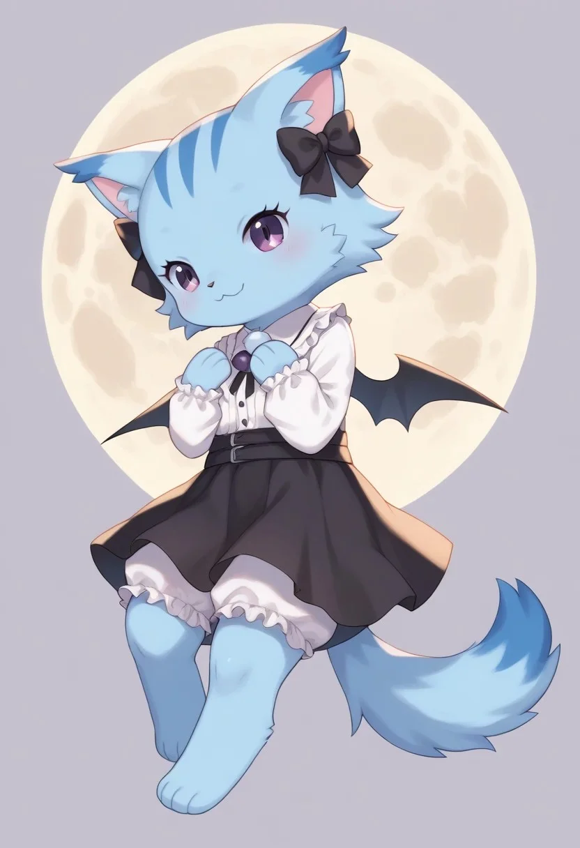 score_9, score_8_up, score_7_up,
masterpiece, best quality, detailed, amazing quality,
detailed background, full moon, jumping,
dynamic pose,
detailed face, detailed eyes, clean eyes,
solo, 1girl, smile, bow, tail, wings, hair bow, no humans, black bow, blue fur, furry, cute,
Vampire_Chelsea, easynegative,
jirai kei, white shirt, black skirt, bows, bloomers,