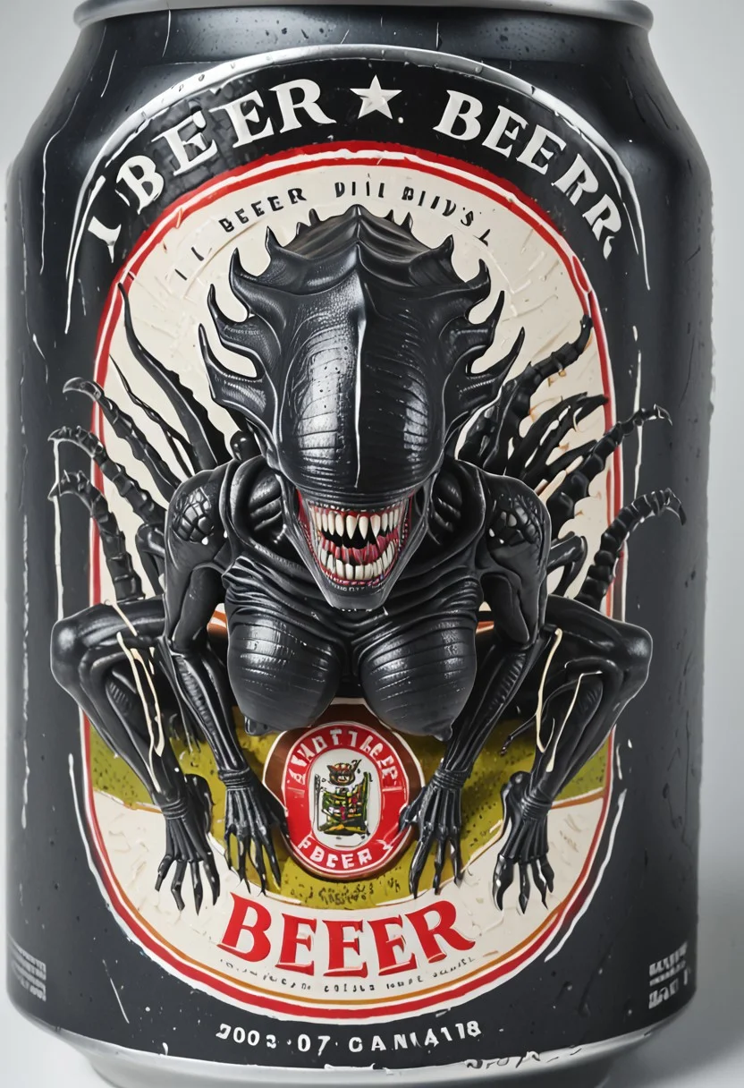 beerlabel, black beer can, (1girl, teeth, sharp teeth, colored skin, black skin, no eyes, tail, monster, breasts, thighs), solo