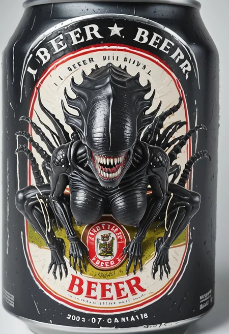 beerlabel, black beer can, (1girl, teeth, sharp teeth, colored skin, black skin, no eyes, tail, monster, breasts, thighs), solo