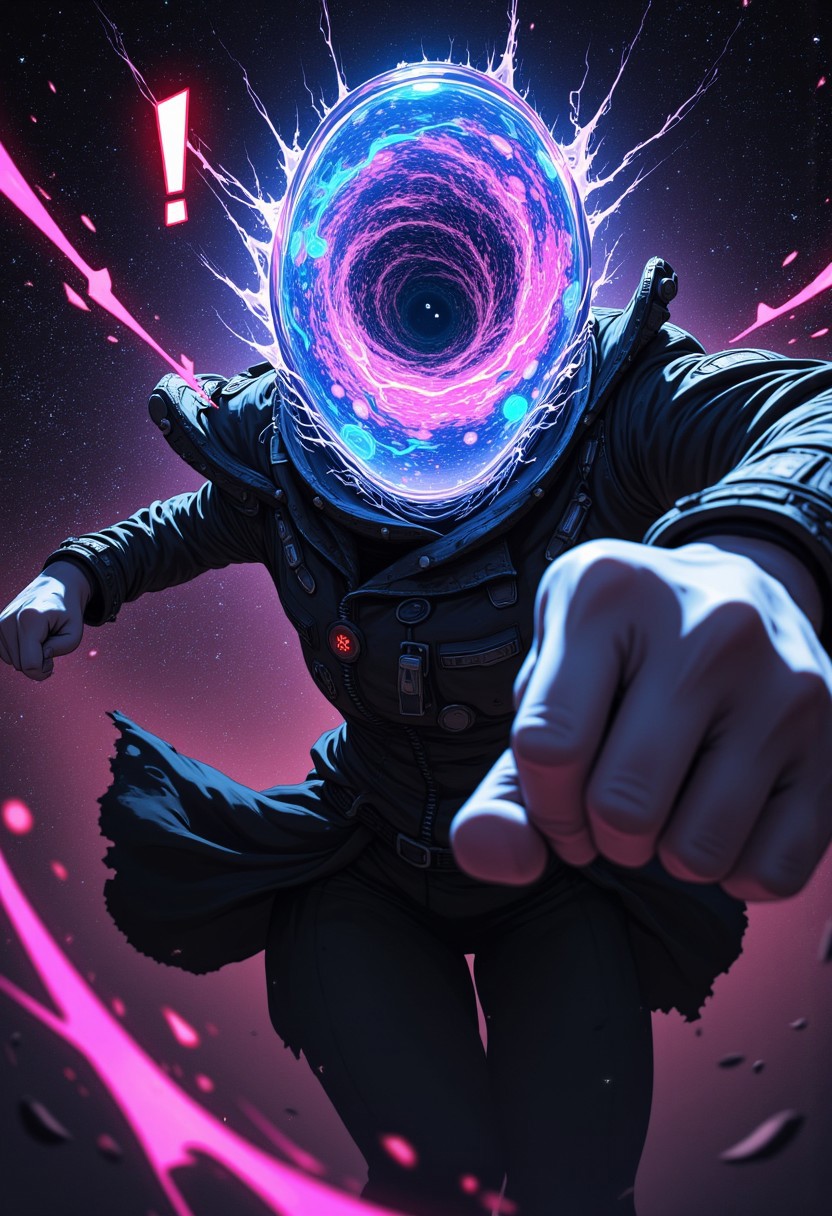 A high-intensity anime action scene—A mysterious woman lunges forward through the void, her stance aggressive, her presence overwhelming. Where her head should be, a swirling galaxy churns with raw, cosmic energy—electric blues, vivid pinks, and neon purples flaring like supernovae in the darkness. The glow pulses wildly, casting flickering highlights across her battle-worn, high-collared jacket, its torn edges revealing exposed wires and mechanical plating.
Her eyes—if she has them—are lost within the spiraling cosmos, yet her expression is unmistakably menacing. Her body tenses, ready to strike, fingers curled like claws crackling with energy. Her silhouette is wreathed in motion lines, as if the universe itself is bending to her speed.
The background is a near-black void, broken only by the shimmering trails of cosmic dust whipping around her. A single red exclamation mark hovers behind her, burning like an omen. The scene is alive with kinetic force—like the moment before an unstoppable attack, frozen in neon-lit intensity.
