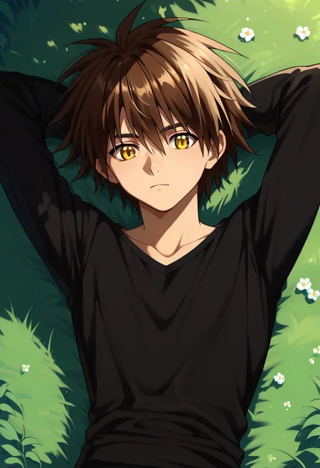 score_9, score_8_up, score_7_up, source_anime, highly detailed,
TraiHea, solo, brown hair, 1boy, male focus, yellow eyes, shirt, black shirt, upper body, medium hair,
outdoor, lying, on back, hands behind head, cat on stomach,