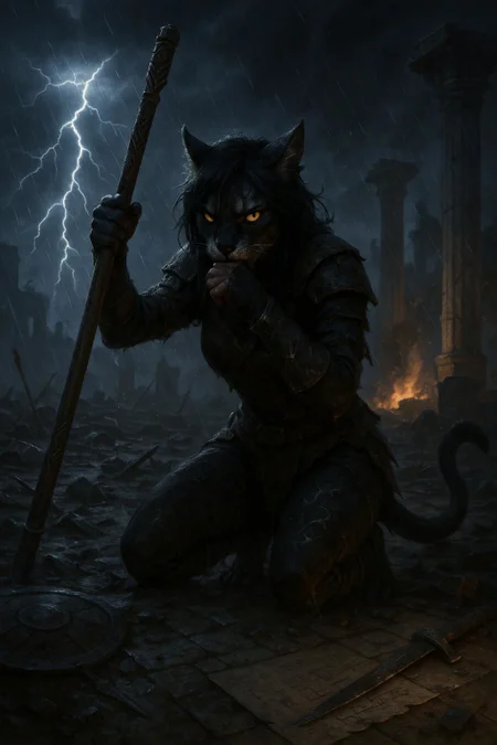A wide action shot taken with a phone camera during an intense battle at evening. The scene captures Ember from Elder Scrolls Online, an anthro khajiit with black and white fur, yellow glowing eyes, black hair, and a cat tail, in the middle of a devastated battlefield. She's bracing herself against a magic staff with one arm, while wiping blood from her mouth with the back of her other hand. Her leather armor is torn and scorched, her fur matted with rain and blood.
Around her, ruined weapons and shattered shields are scattered across the mud and broken marble tiles.
Above the battlefield, a heavy storm brews:
(left) Jagged lightning tears across the sky, illuminating Ember's fierce, defiant expression.
(right) Burning wreckage glows faintly in the distance, casting eerie, flickering shadows across the ruined columns.
Faint magical glyphs flicker and crackle across her bruised arms and gloves, barely holding their form. Her yellow eyes glow fiercely against the black storm clouds, refusing to yield.
Near the bottom edge of the image, someone has quickly scrawled magical coordinates and battle notations, half-blurred by the rain.