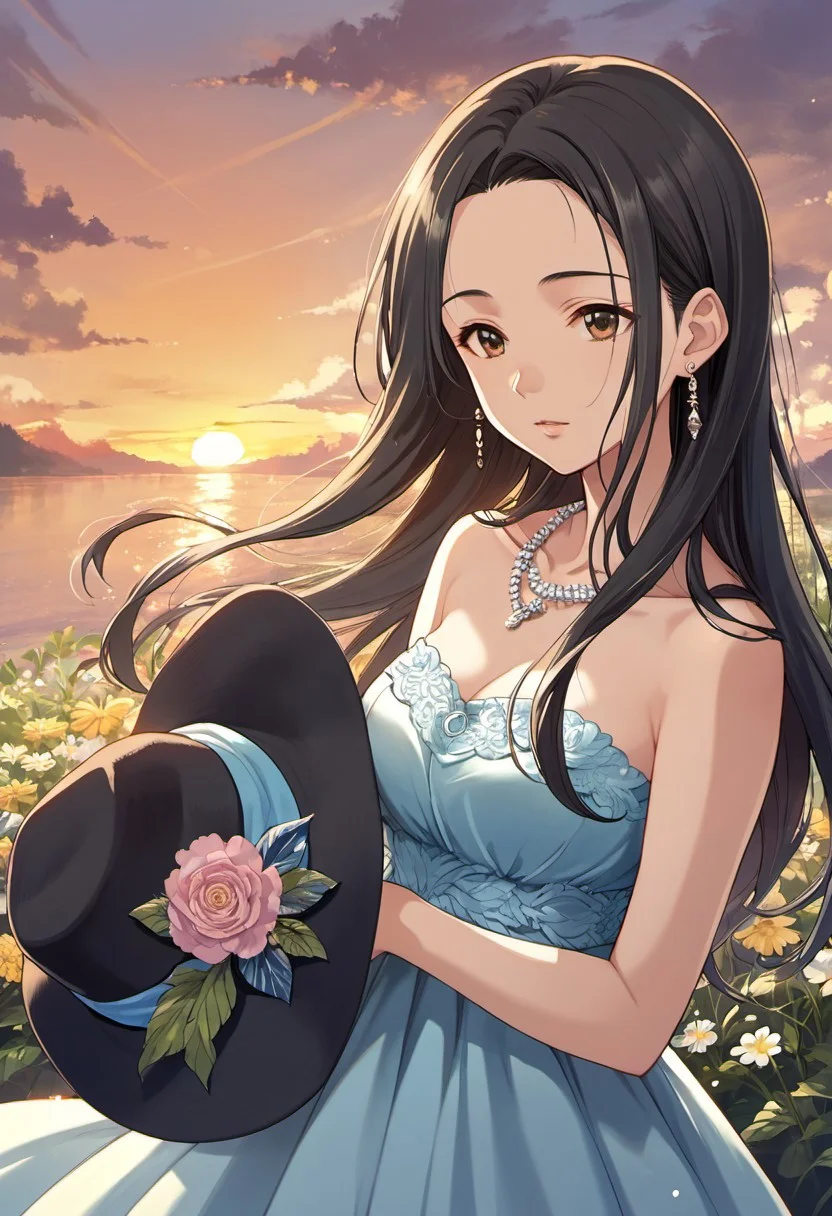 score_9, score_8_up, score_7_up, source_anime,sena shiori, long hair, black hair, brown eyes, 1girl, jewelry, solo, necklace, dress, earrings, headwear removed, hat, hat removed, flower, strapless dress, sunset