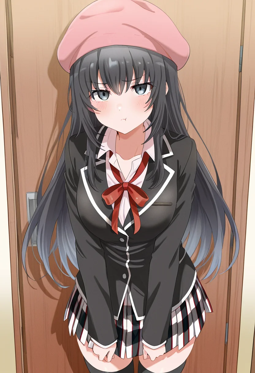 1girl, oregairumiagup, black hair, very long hair, black eyes, sobu high school uniform, black jacket, neck ribbon, red ribbon, plaid skirt, pleated skirt, black thighhighs, beret, looking at viewer, pout, cute, <lora:RumiHighSchool_ill_v2:1>, masterpiece, best quality, high quality, detailed, absurdres