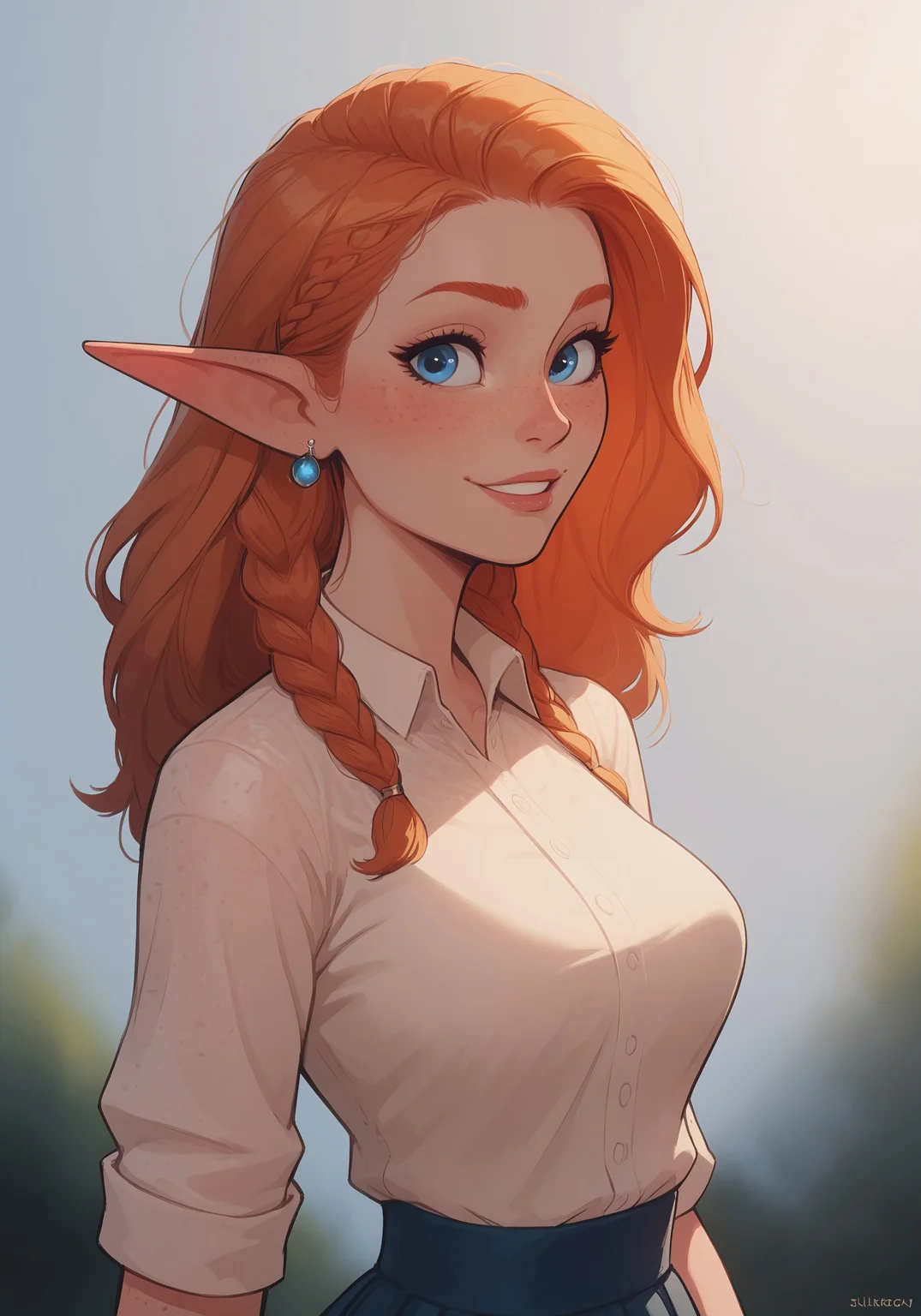 safe_pos, safe_pos, score_9, score_8_up, score_8, 1girl, sexy, pose, dynamic angle, sexy, elf mage, blue eyes, french braids, ginger hair, earrings, freckles, body freckles, detailed face, hourglass body, beige shirt, silk shirt, skirt, slight smile, volumetric lighting, cinematic lighting, vibrant colors, blurry background,