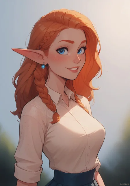 safe_pos, safe_pos, score_9, score_8_up, score_8, 1girl, sexy, pose, dynamic angle, sexy, elf mage, blue eyes, french braids, ginger hair, earrings, freckles, body freckles, detailed face, hourglass body, beige shirt, silk shirt, skirt, slight smile, volumetric lighting, cinematic lighting, vibrant colors, blurry background,
