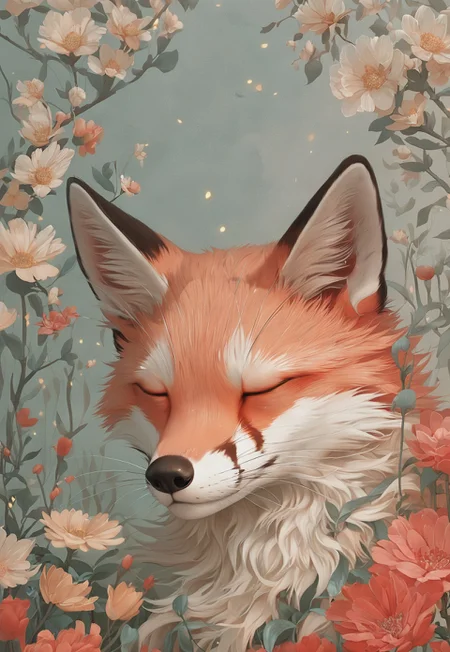 Score_9, score_8_up, score_7_up, score_6
(dim lighting, light particles, highres, closed_mouth:1.4, absurdres)
Fl0ralD0lls solo, closed eyes, flower, artist name, signature, no humans, animal, leaf, white flower, fox, sleeping, plant, red flower, pink flower, yellow flower, realistic, animal focus, orange fur, whiskers