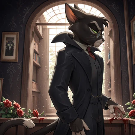 solo, anthro, male, male focus, mordecai heller, lackadaisy, glasses, black vest, black pants, black coat, lackadaisy, serious, side view, rose, looking down, blood, BREAK masterpiece, best quality, amazing quality, very aesthetic, high resolution, ultra-detailed, absurd res, newest, scenery, <lora:MordecaiIL:1>
