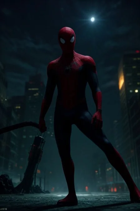Spider-Man in a red and blue suit on the background of a night city. He stands surrounded by cobwebs and looks directly at the viewer