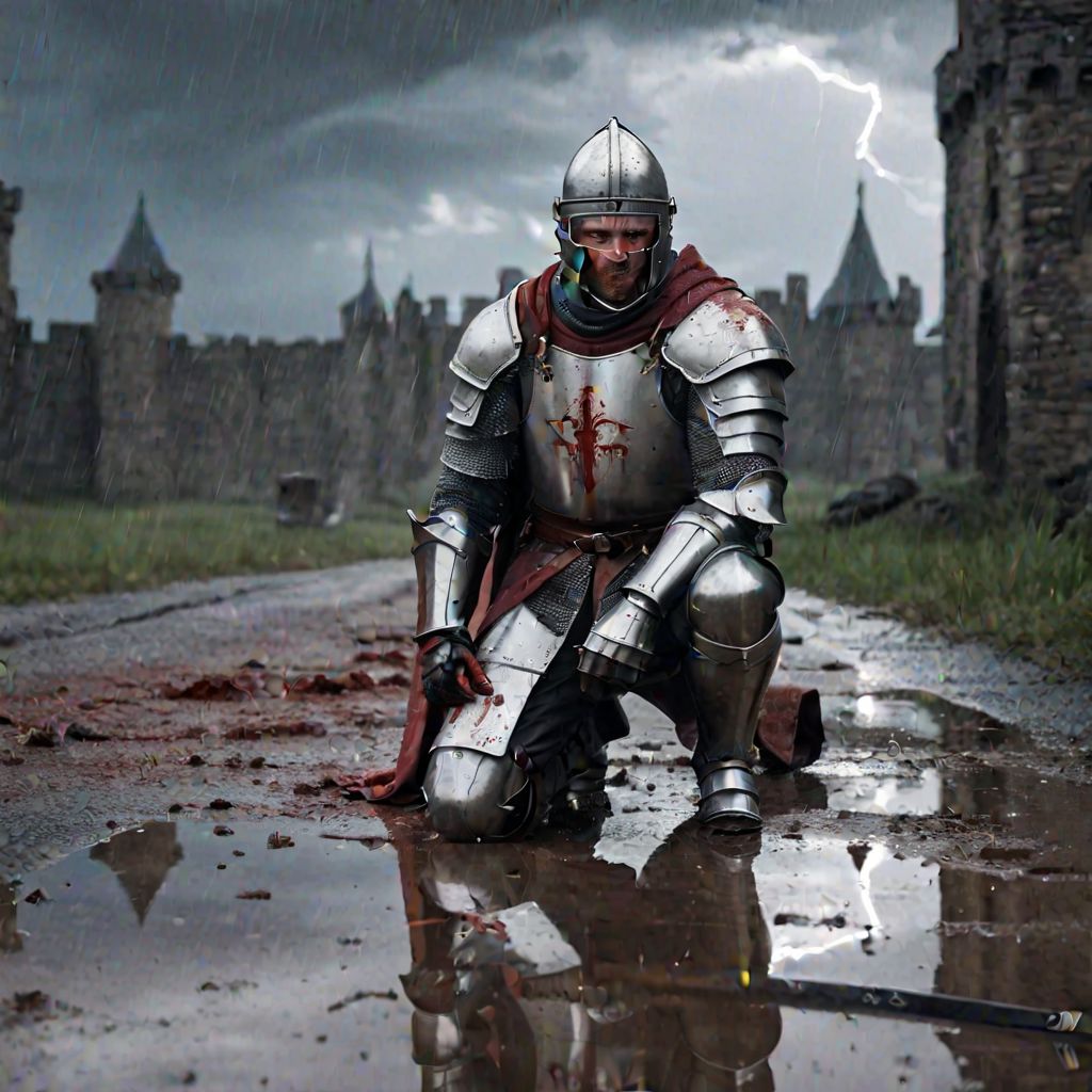 Masterpiece, DonMSt34mPXL, Realistic Lightning, Cinematic Lightning, Dark Lightning, Rain, Puddle, Clouded Sky, medieval, fantasy, pedestrians, Cape, Reflection.
((((broken, kneeling, male Knight, with bloody armor and closed helmet. Holding a broken sword) leaning on a (broken sword))) in a (medival battlefield)). (Unfocused corpses laying in background). fandist background.