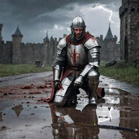 Masterpiece, DonMSt34mPXL, Realistic Lightning, Cinematic Lightning, Dark Lightning, Rain, Puddle, Clouded Sky, medieval, fantasy, pedestrians, Cape, Reflection.
((((broken, kneeling, male Knight, with bloody armor and closed helmet. Holding a broken sword) leaning on a (broken sword))) in a (medival battlefield)). (Unfocused corpses laying in background). fandist background.