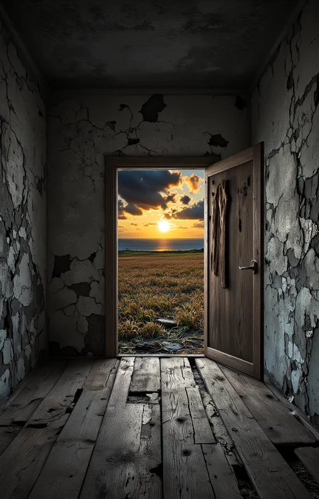 digital artwork featuring a dark, dilapidated room with a large, open doorway. The room's walls and floor are made of aged, weathered wood, with visible cracks, peeling paint, and a general sense of decay. The door, also made of wood, is ajar, revealing a dramatic sunset scene beyond. The door has a simple, worn design with a central handle and no visible lock or knob. Through the doorway, the viewer can see a vast, open landscape with a golden sun setting over a serene body of water, casting a warm glow across the horizon. The sky is filled with fluffy, orange and yellow clouds, adding to the tranquil yet mysterious atmosphere. The contrast between the dark, decaying room and the vibrant, natural scene beyond the door is striking. The textures of the room are rough and gritty, while the landscape outside is smooth and serene. This image evokes a sense of transition, mystery, and the passage between two worlds., <lora:aidmaImageUpraderv0.3:0.4>, aidmaimageupgrader, <lora:diffusion_pytorch_model:1>, <lora:aidmaMJ6.1_v0.5_3:0.7>, aidmaMJ6.1, ultra quality, ultra detailed, intricate details
