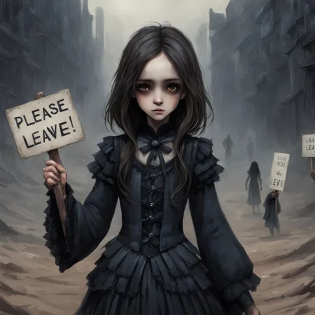 (((Ultra detailed, Megapixel)))
1girl, (((holding out a sign with number "PLEASE*LEAVE"))), by charlie bowater and dan mumford and trevor Brown, hands, terror, gloomy, dark, blank face, no face, wasteland background, no mouth, no eyes, long hair