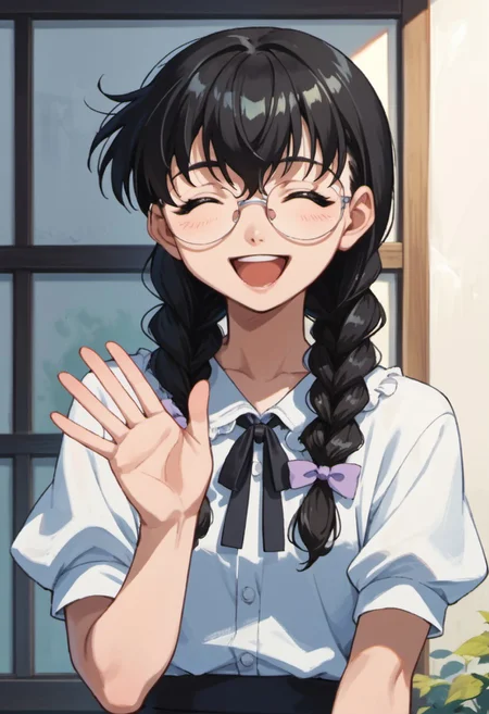 score_9, score_8_up, score_7_up, source_anime, izumi yuka, glasses, black hair, twin braids, 1girl, solo, braid, closed eyes, open mouth, smile, waving, long hair