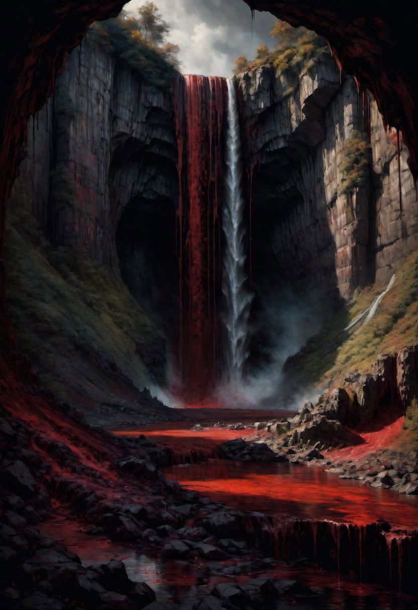 a landscape of a waterfall of ((blood)),
 masterpiece, highly detailed,
EdobHorrorLandscape,
horror, dark,