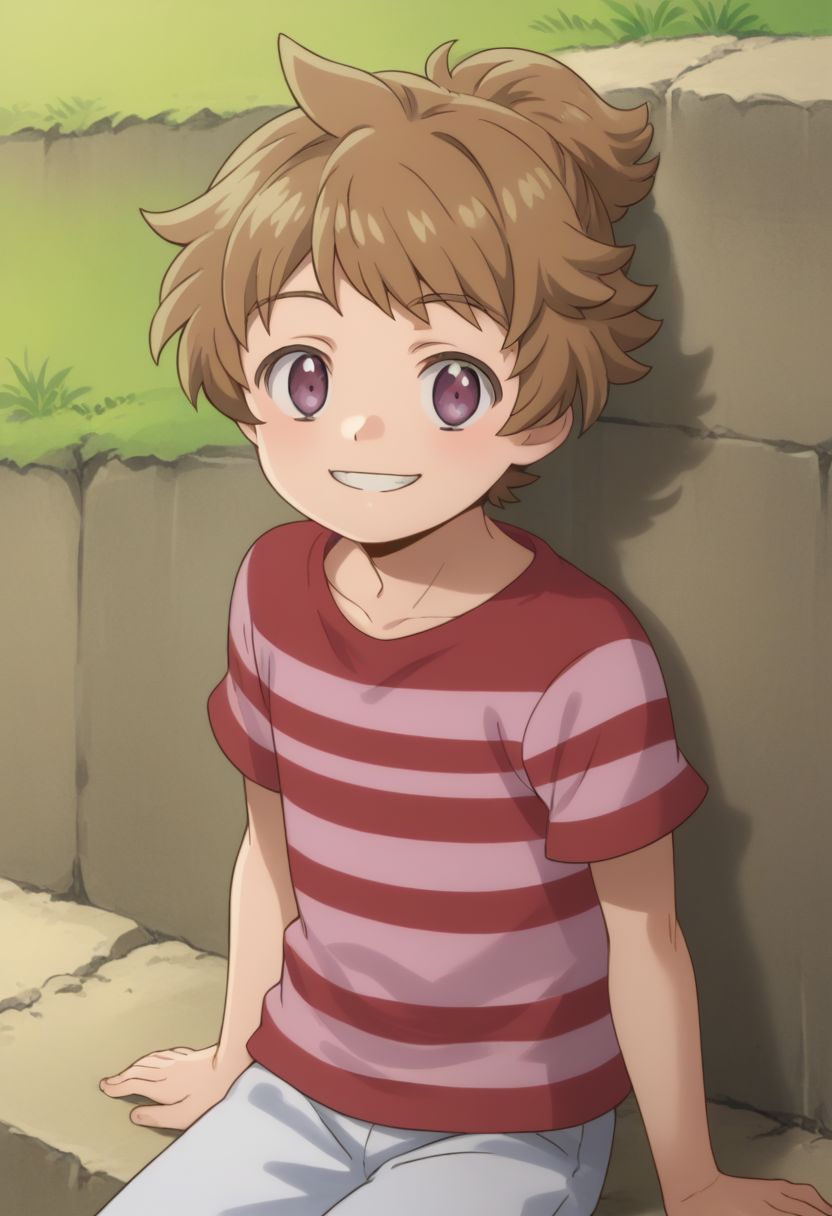 score_9, score_8_up, source_anime, highly detailed, 1boy, solo, skinny,
cute,
haruka, 1boy, male focus, solo, striped shirt, shirt, closed mouth, brown hair, striped, smile, teeth, purple eyes, sit, 
outdoor,