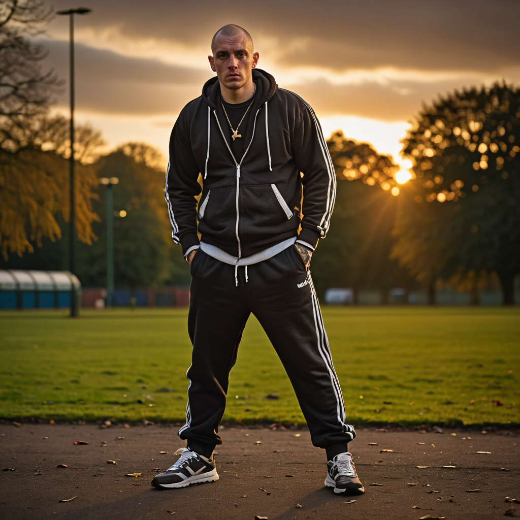 RAW photo, a rough, dirty 30 year old, Mancunian chav, skinhead, he's a mean, rough druggie wearing trackies in a Manchester park at sunset, dramatic lighting, atmospheric, intricate detail