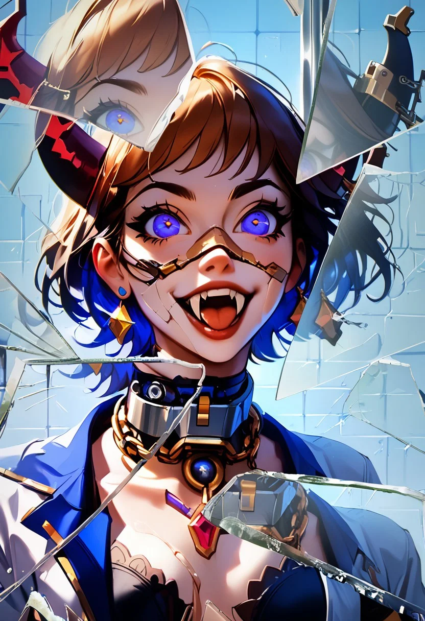 (Roll up eyes, long fangs)), Lady has elastic body type, sneakers, (open shirt totned by glass crash), Fishnet-socks, False plastic red-horns, (metal chain-bracelets on her arm), ((Slim Tits On front Glass-wall, ALSO Glass Broken near her face level)), ((Located in cybernetic laboratory dark-blue colours)) , score_9, score_8_up, hight quality, good quality, rendered details. Hight resolution, good quality face. Detailed, good quality textures.