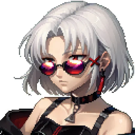 score_9, score_8_up, score_7_up, source_anime BREAK 1girl, solo, <lora:zs_FEDSPortraitsXL:1> fedsportraits, portrait, white background,
<lora:drake-nikke-richy-v1_pdxl:0.8> drakercr, short hair, white hair, red eyes, earrings, x hair ornament, sunglasses, tinted eyewear, looking over eyewear, black jacket, off shoulder, choker, crop top, black gloves