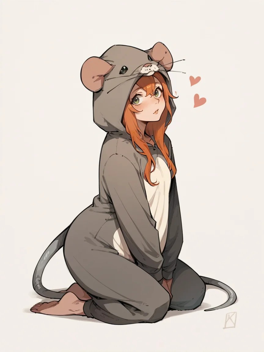 score_9, score_8_up, score_7_up, score_6_up, score_5_up, <lora:ratonsieXLP3:1> rat onsie, barefoot, animal costume, tail, 1girl, ginger hair, kneeling, heart