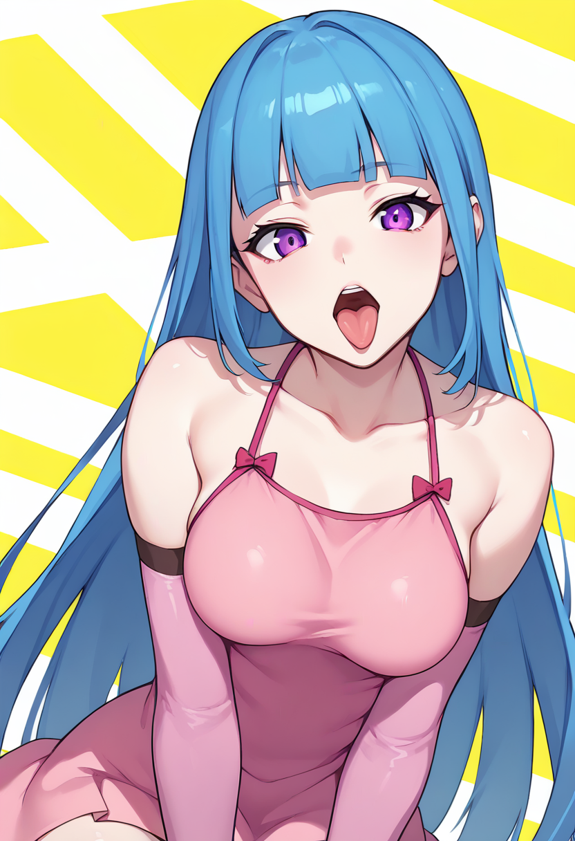 score_9, score_8_up, score_7_up, source_anime,  <lora:MEMEMEpony:0.7>, hips,  MEMEME, 1girl, tongue, solo, blue hair, tongue out, open mouth, long hair, purple eyes, bangs, looking at viewer, blunt bangs, collarbone, yellow background, bare shoulders, breast, dress, thighhighs, pink dress, bare shoulders, pink gloves, striped background, medium breasts, upper body