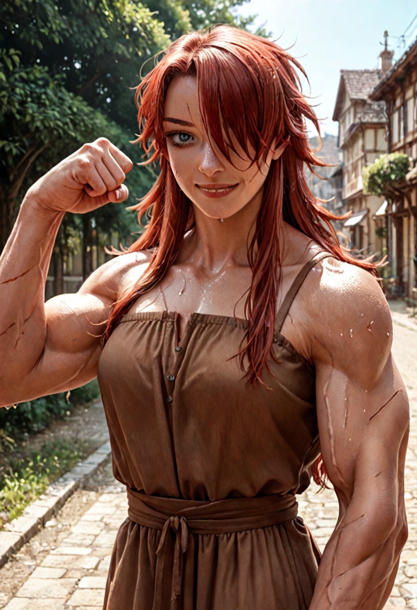 score_9, score_8_up, score_7_up, score_6_up, colored manga style, BREAK Anv4rc3nt, 1girl, solo, red hair, long hair, blue eye, hair over one eye, muscular, tall, wide shoulders, scars, rural village, exterior, daytime, brown dress, exterior, looking at viewer, flexing, smiling, sweat, highly detailed, beautiful art, beautiful background, beautiful lighting
