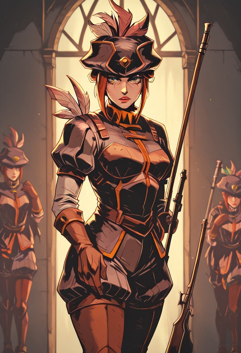 masterpiece, best quality, newest, absurdres, highres, TTCSV1.0, vintage anime, 90s anime, solo, solo focus,
1girl, DDMusV1.0, hat, rifle, holding weapon, hat, feather, tricorne, gloves, leather, leather armor,