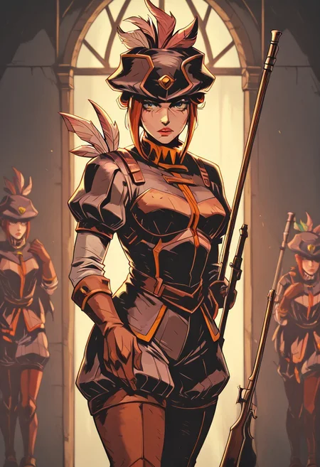 masterpiece, best quality, newest, absurdres, highres, TTCSV1.0, vintage anime, 90s anime, solo, solo focus,
1girl, DDMusV1.0, hat, rifle, holding weapon, hat, feather, tricorne, gloves, leather, leather armor,
