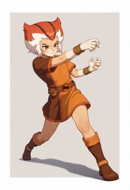 1boy, male focus, cute boy, Wilykat, Two-tone fur, Two-tone hair, orange hair, white hair, black streaks in hair, amber eyes, feline eyes, Two-tone tunic, Orange and brown tunic, wristbands, Belt, Pouches, brown boots, claws, simple background, graphic border, cinematic, intricately detailed illustration, depth of field, masterpiece, best quality, amazing quality, very aesthetic, absurdres, newest, very awa, shadow, dynamic angle, casual cosplay, dynamic pose, action pose