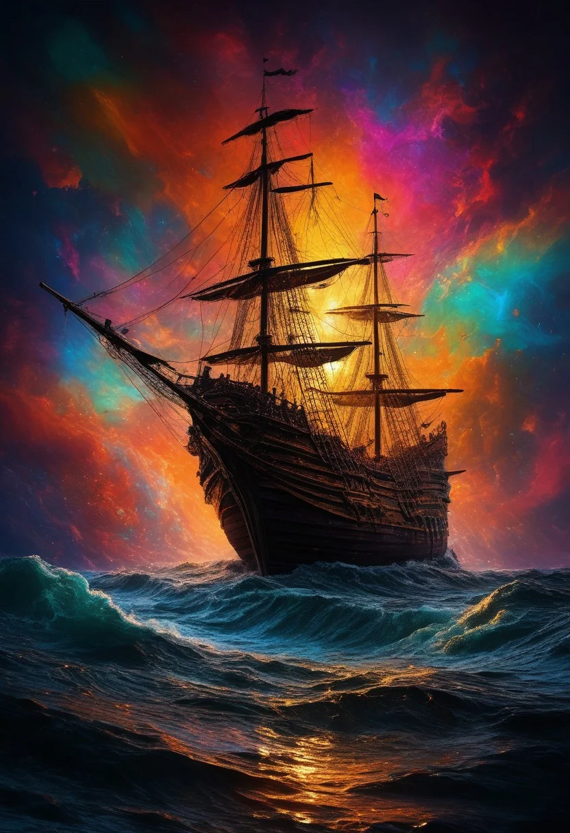 (sailing on vast expansive completely viscous liquid dreamscape gooey organic surface material with gleaming:1.28) sap, (pitch black dark midnight:1.2), miniature (immense scale magnificent ancient tattered pirate ship flying at world's edge:1.4), (multicolor vibrant RGB spectrum blended mixing:1.2), (lava:0.4) (lamp, swirling amorphous liquid rising bubbling into sky hovering floating, bioluminescent glowing:1.26) particles, (sloshing backwash), non-newtonian (fluid:1.24), (prismatic color grading), 4k, highres, best quality, dramatic, cinematic, epic, (concept art, digital art, realistic, professional masterpiece, dynamic, (curvilinear perspective), tilt shift, iris blur, bokeh, sharp clarity:1.2), zavy-flrscnc, fine intricate details, interior lit, great lighting, dappled soft lighting, volumetric lighting, detailed highlights, rim lighting