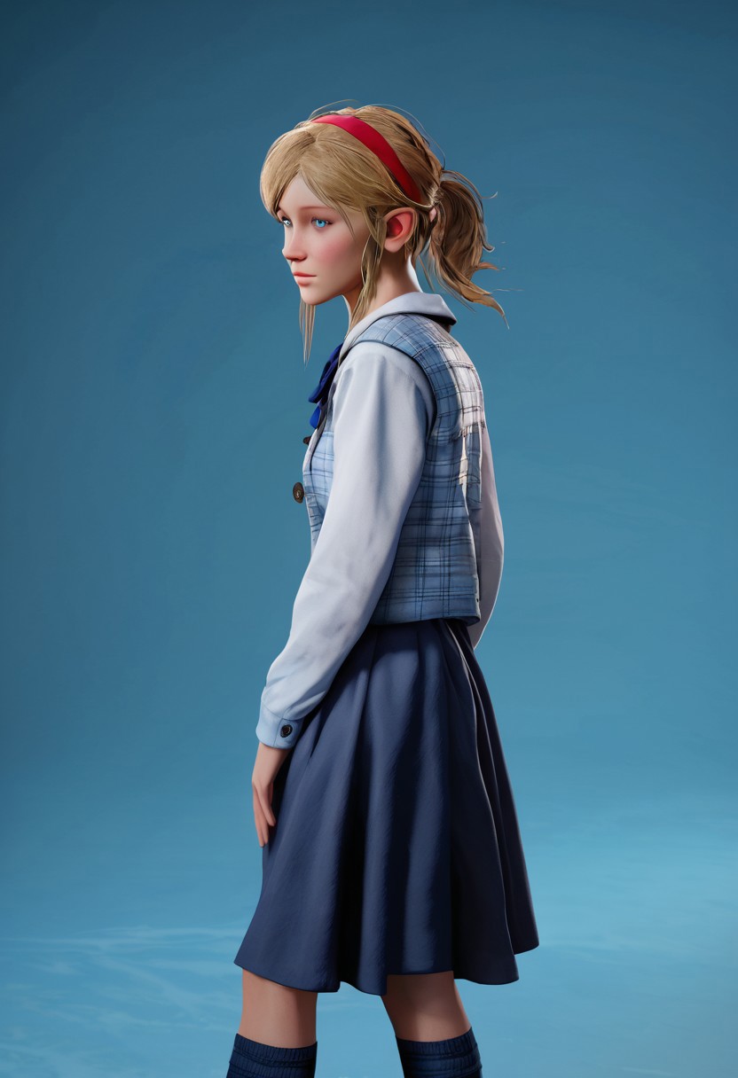 1girl, SherryBirkin, RE2, white short-sleeved blouse, dark blue skirt, long dark blue socks, white sneakers, light blue vest, blonde hair, medium hair, light blue eyes, blonde girl, hairstyle with a half ponytail, locks around the face, blue bow , red headband