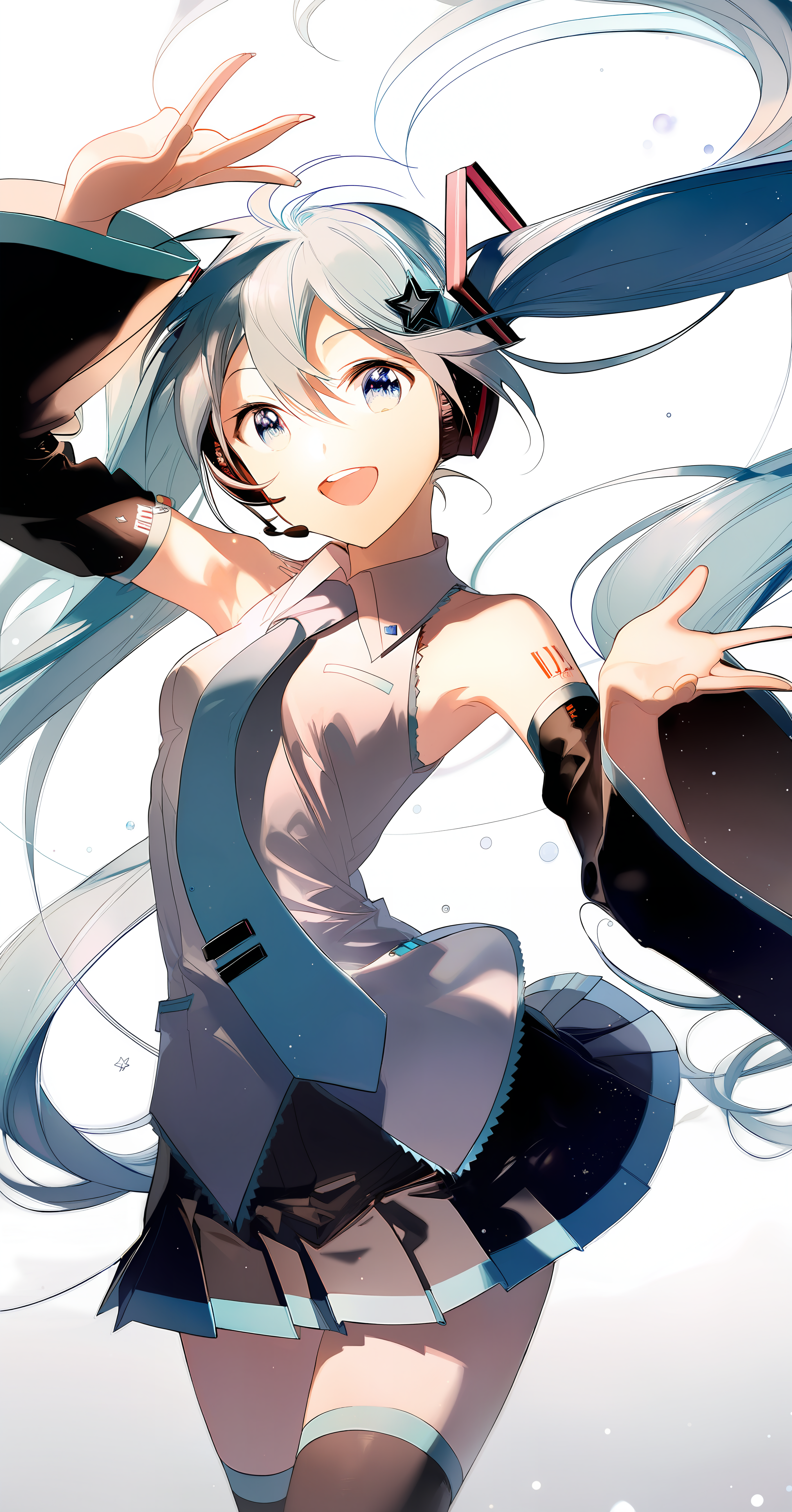 by rella, amazing quality, masterpiece, best quality, absurdres, beautiful, detailed shadow, aesthetic, 1girl, solo, hatsune miku, long hair, detached sleeves, twintails, very long hair, open mouth, shirt, black skirt, smile, sleeveless shirt, blue necktie, white background, blue hair, blue eyes, arm up, looking at viewer, pleated skirt, star (symbol), thighhighs, bare shoulders, white shirt, cowboy shot, :d, floating hair, simple background, upper teeth only, collared shirt, outstretched arm, wide sleeves, bangs, hair between eyes, miniskirt, grey shirt, black sleeves, zettai ryouiki, light particles, hair ornament, small breasts, long sleeves
