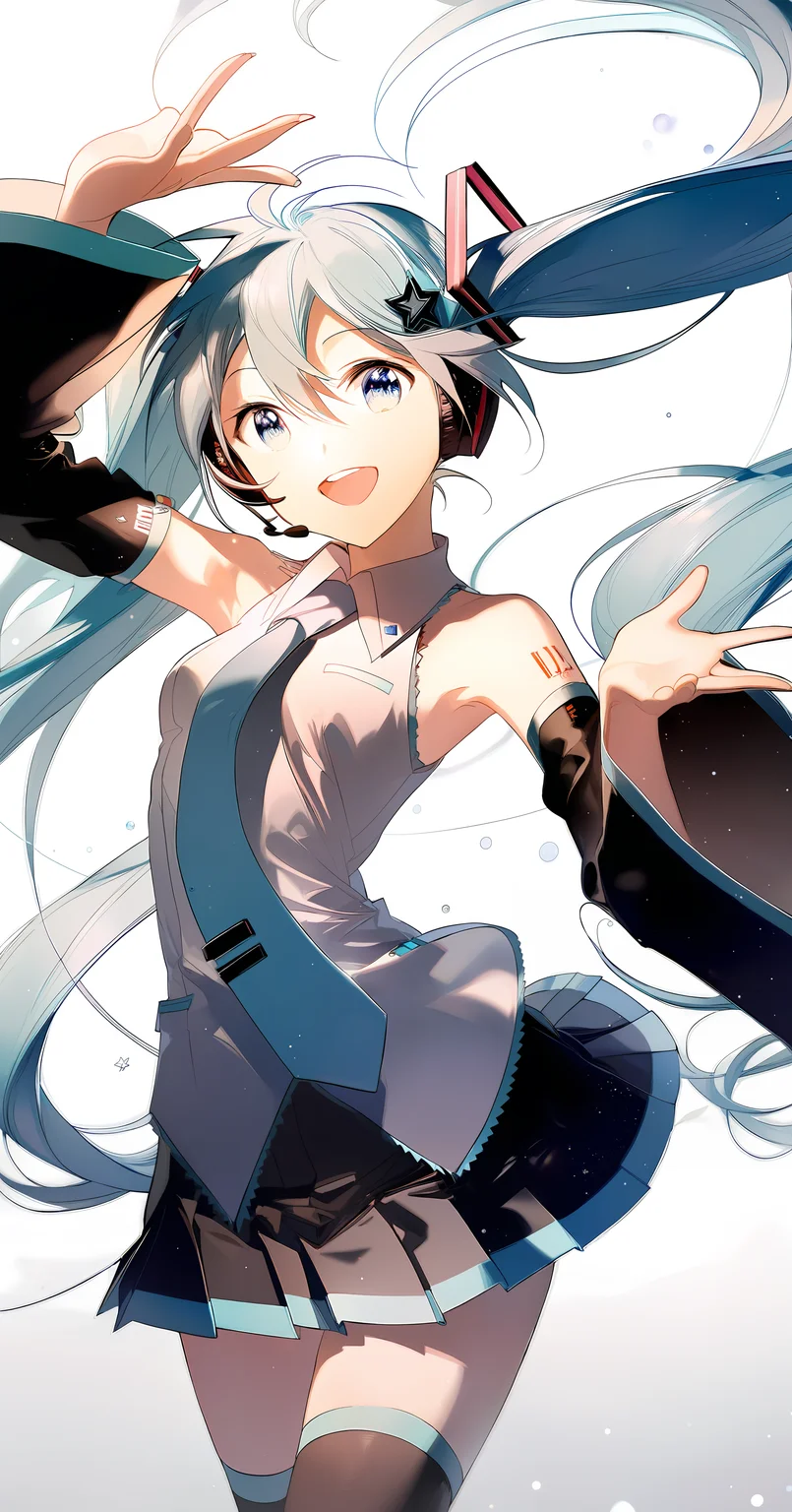 by rella, amazing quality, masterpiece, best quality, absurdres, beautiful, detailed shadow, aesthetic, 1girl, solo, hatsune miku, long hair, detached sleeves, twintails, very long hair, open mouth, shirt, black skirt, smile, sleeveless shirt, blue necktie, white background, blue hair, blue eyes, arm up, looking at viewer, pleated skirt, star (symbol), thighhighs, bare shoulders, white shirt, cowboy shot, :d, floating hair, simple background, upper teeth only, collared shirt, outstretched arm, wide sleeves, bangs, hair between eyes, miniskirt, grey shirt, black sleeves, zettai ryouiki, light particles, hair ornament, small breasts, long sleeves