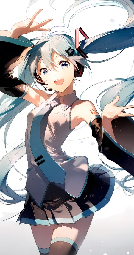 by rella, amazing quality, masterpiece, best quality, absurdres, beautiful, detailed shadow, aesthetic, 1girl, solo, hatsune miku, long hair, detached sleeves, twintails, very long hair, open mouth, shirt, black skirt, smile, sleeveless shirt, blue necktie, white background, blue hair, blue eyes, arm up, looking at viewer, pleated skirt, star (symbol), thighhighs, bare shoulders, white shirt, cowboy shot, :d, floating hair, simple background, upper teeth only, collared shirt, outstretched arm, wide sleeves, bangs, hair between eyes, miniskirt, grey shirt, black sleeves, zettai ryouiki, light particles, hair ornament, small breasts, long sleeves