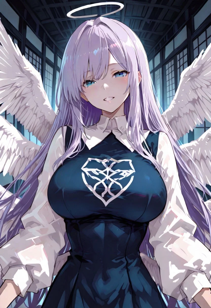 score_9, score_8_up, score_7_up, anime, masterpiece, high definition, (best quality:2.0), 1girl, angel_of_death, standing, dark blue dress, angel wings, blue eyes, light purple hair, long hair, white collar, white sleeves, big breasts, small waist, beautiful eyes, beautiful face, grin, indoors, abandoned shrine
BREAK
,
hallway pov, expressive, volumetric lighting, cinematic lighting, holographic colors, gradient colors, masterpiece, raytracing, soft lighting, blum effect,