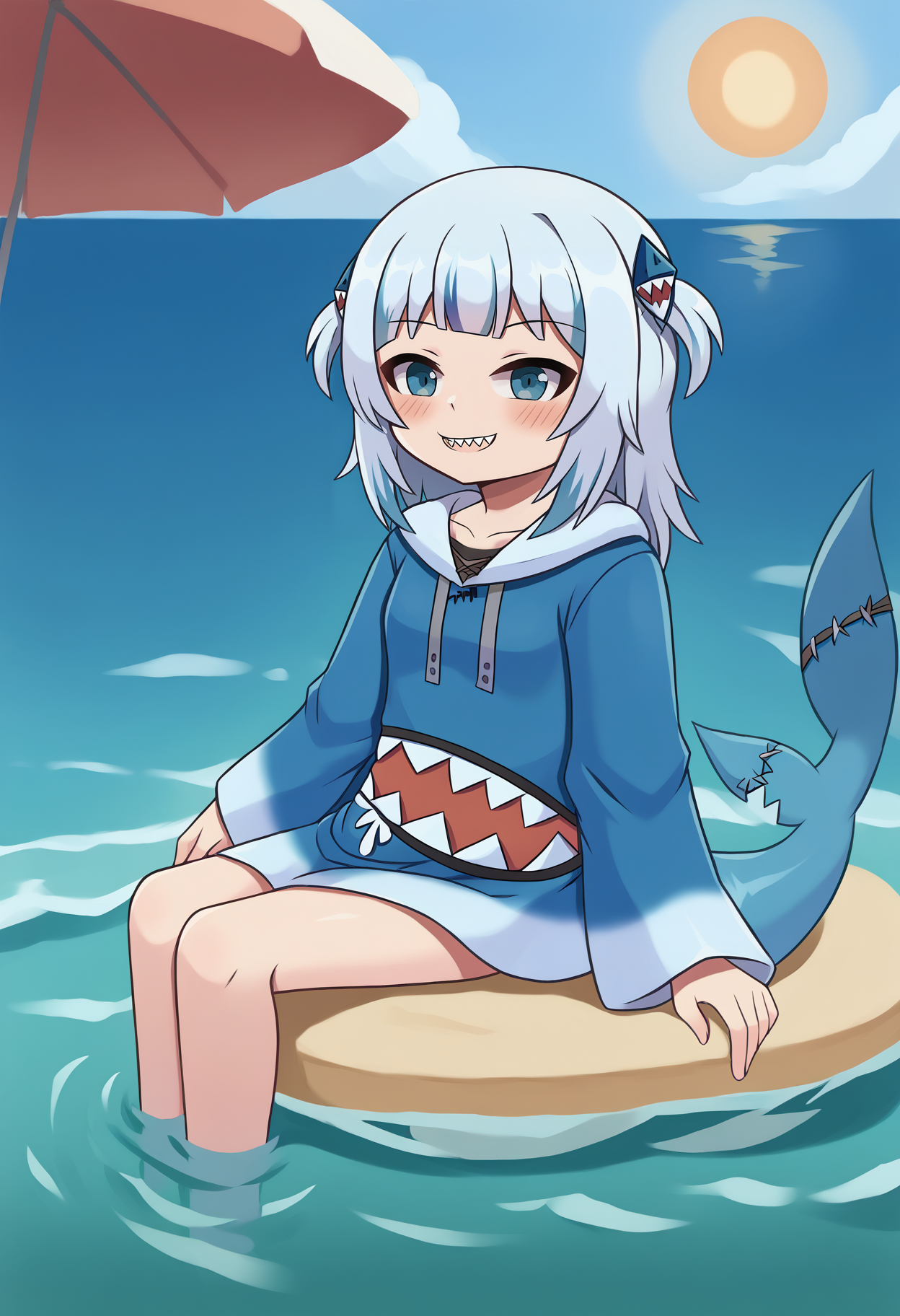 score_9, uncensored, source_anime
BREAK
1girl, solo, gawr gura, blue hoodie, two side up, shark hair ornament, shark tail, sharp teeth, smile, tall, partially submerged, ocean, sun, beach, outdoors, day, sitting
<lora:gawr_gura_sdxl_pony:1> <lora:duhota_v4-1_adafactor:1>