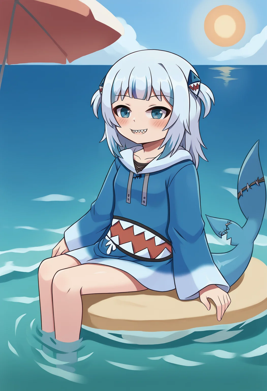 score_9, uncensored, source_anime
BREAK
1girl, solo, gawr gura, blue hoodie, two side up, shark hair ornament, shark tail, sharp teeth, smile, tall, partially submerged, ocean, sun, beach, outdoors, day, sitting
<lora:gawr_gura_sdxl_pony:1> <lora:duhota_v4-1_adafactor:1>