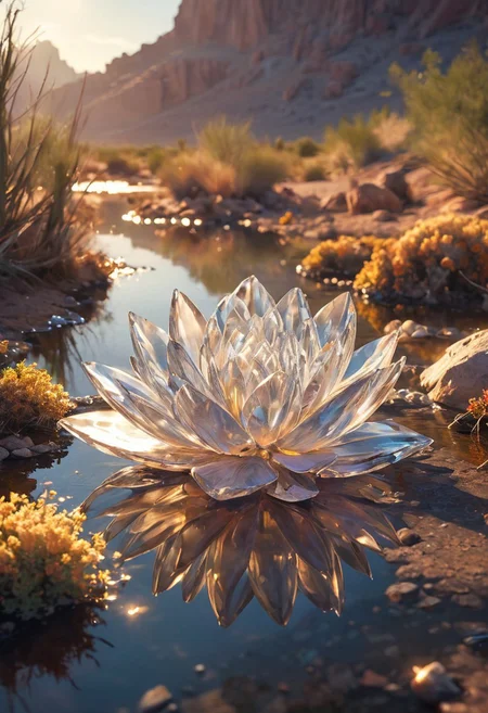 Create an ultra-detailed image of a magical crystal nestled within a tranquil desert oasis. The crystal has an unusual, organic shape, resembling a blooming flower, and is composed of a reflective material that glimmers under the harsh sunlight. Surround the crystal with lush greenery, vibrant flowers, and clear, shimmering water that reflects the brilliant colors of the crystal. The scene is bathed in warm, golden light, creating a stark contrast between the vibrant oasis and the arid desert beyond. Gentle ripples in the water catch the light, enhancing the crystal's enchanting aura and inviting viewers to discover the magic hidden in this serene, sunlit paradise.
[style of greg rutkowski,janek sedlar,jenny saville:0]  <lora:vivid_everclear:0.35>  <lora:Sinozick:0.35>  <lora:MJ52:0.35>