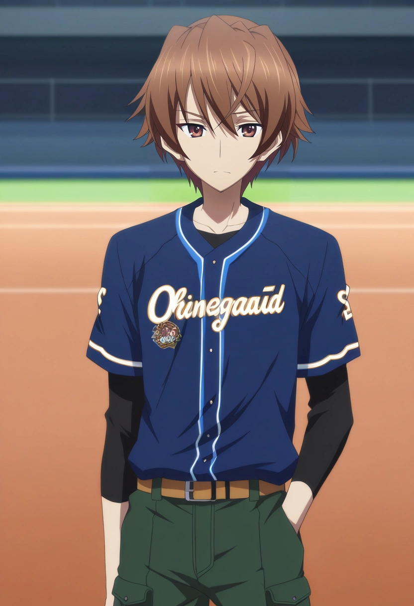 masterpiece, best quality, , anime screencap, , official style, looking at viewer, 1boy, solo, male focus, <lora:takeya_iizuka_ilxl:0.96>, takeya_iizuka, brown hair, brown eyes, short hair, , , Tulle Cargo pants, Olive Jacquard Floral Baseball jersey, , , and