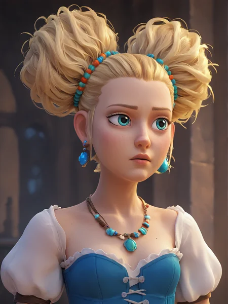 score_9, score_8_up, score_7_up, score_6_up, BREAK, Goldilocks, blonde hair, hair ornament, hair bun, earrings, blue corset, necklace, puffy short sleeves, bracelet, <lora:Goldilocks:0.7>