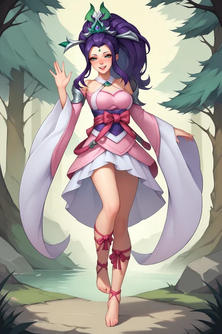 score_9, score_8_up, score_7_up, score_6_up, BREAK, JannaSSPXL, green eyes, purple hair, long hair, hair ornament, green forehead jewel, medium breasts, bare shoulders, pink dress, detached sleeves, long sleeves, purple sash, pink ribbon, white skirt, leg ribbon, barefoot, solo, full body, standing, waving, seductive smile, looking at viewer, naughty face, nose blush, forest, tree <lora:JannaSSPXL:0.8>