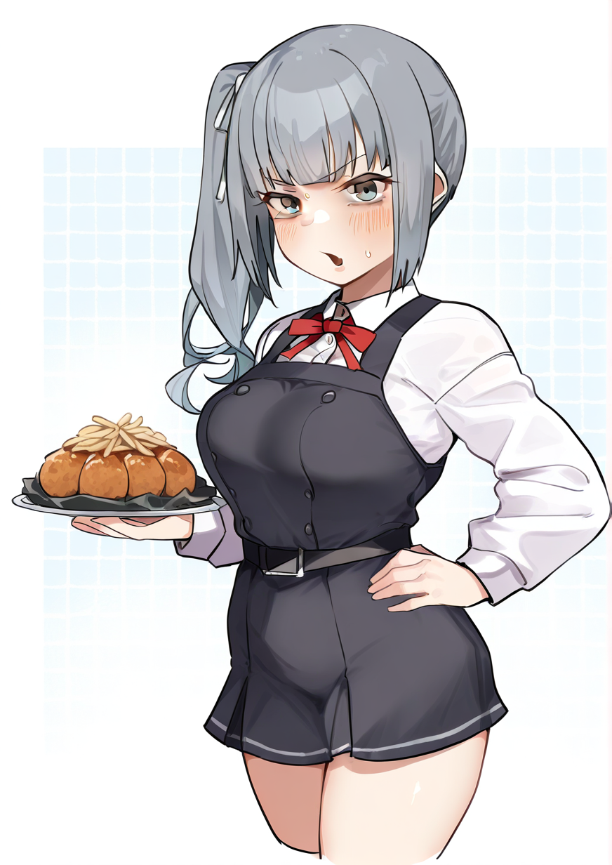 <lora:mmchair:1.2>,1girl, kasumi (kancolle), kasumi kai ni (kancolle), huge breasts, , belt, brown eyes, checkered background, cowboy shot, cropped legs, dress, food, grey hair, hair ribbon, hand on own hip, long hair, long sleeves, looking at viewer, neck ribbon, one-hour drawing challenge, pinafore dress, ribbon, school uniform, shirt, side ponytail, sleeveless, sleeveless dress, solo, white shirt, 
very awa, masterpiece, best quality, highres, absurdes,amazing quality