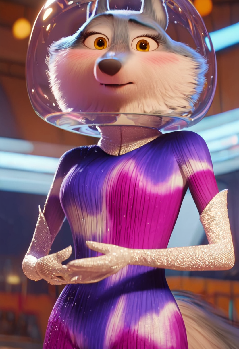 zPDXL, score_9,score_8_up,score_7_up,_up, best quality, amazing quality, masterpiece, 1girl, looking at viewer, solo, fullbody, cute, blush, tight cloth, blush, close, upper body, porsha,  yellow eyes, white-blue fur, wolf girl, wolf ears, wolf tail,  bodysuit, purple bodysuit, silver knee high heels, silver gloves, purple glass helmet, <lora:PorshaUPDATED:1> indoors, dance stage, party lights,  contour_deepening, depth of field, huge filesize,large breasts, blurry background