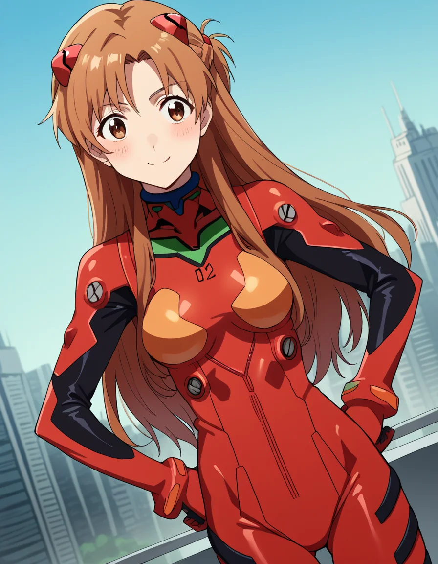 score_9, score_8_up, score_7_up, source_anime, asunayuuki, <lora:asuna-yuuki-s1-ponyxl-lora-nochekaiser:1>, asuna yuuki, long hair, brown hair, brown eyes,, <lora:souryuu-asuka-langley-cosplay-ponyxl-lora-nochekaiser:1>, souryuuasukalangleycosplay, souryuu asuka langley \(cosplay\), bodysuit, pilot suit, plugsuit, red bodysuit, interface headset,, cityscape, smile, blush, hands on hips,, cowboy shot, dutch angle,