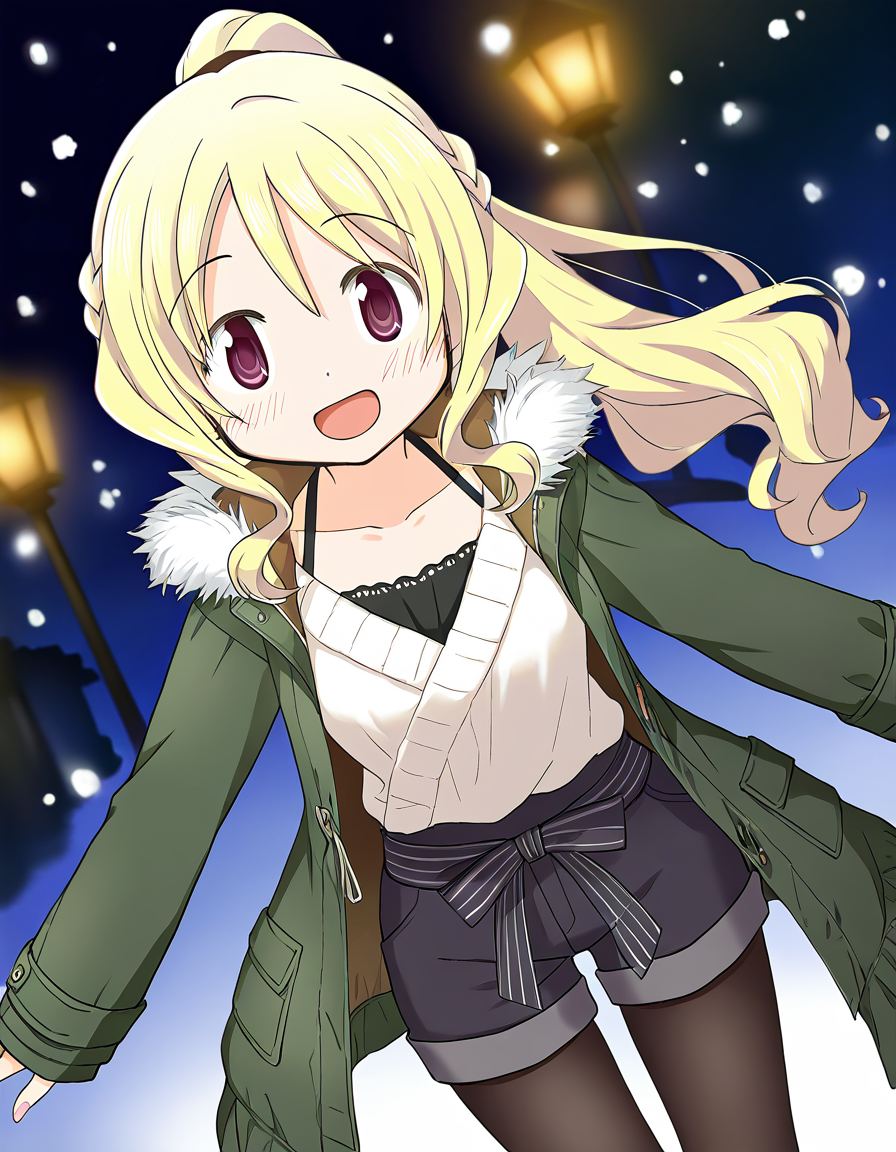 masterpiece, best quality, newest, absurdres, highres, safe, 1girl, togame momoko \(winter costume\), magia record: mahou shoujo madoka magica gaiden, green coat, shorts, pantyhose, bow, solo, open mouth, snowing, outdoors, dutch angle, <lora:togame_momoko_noobaiXLNAIXL_vPred10Version:0.7>
