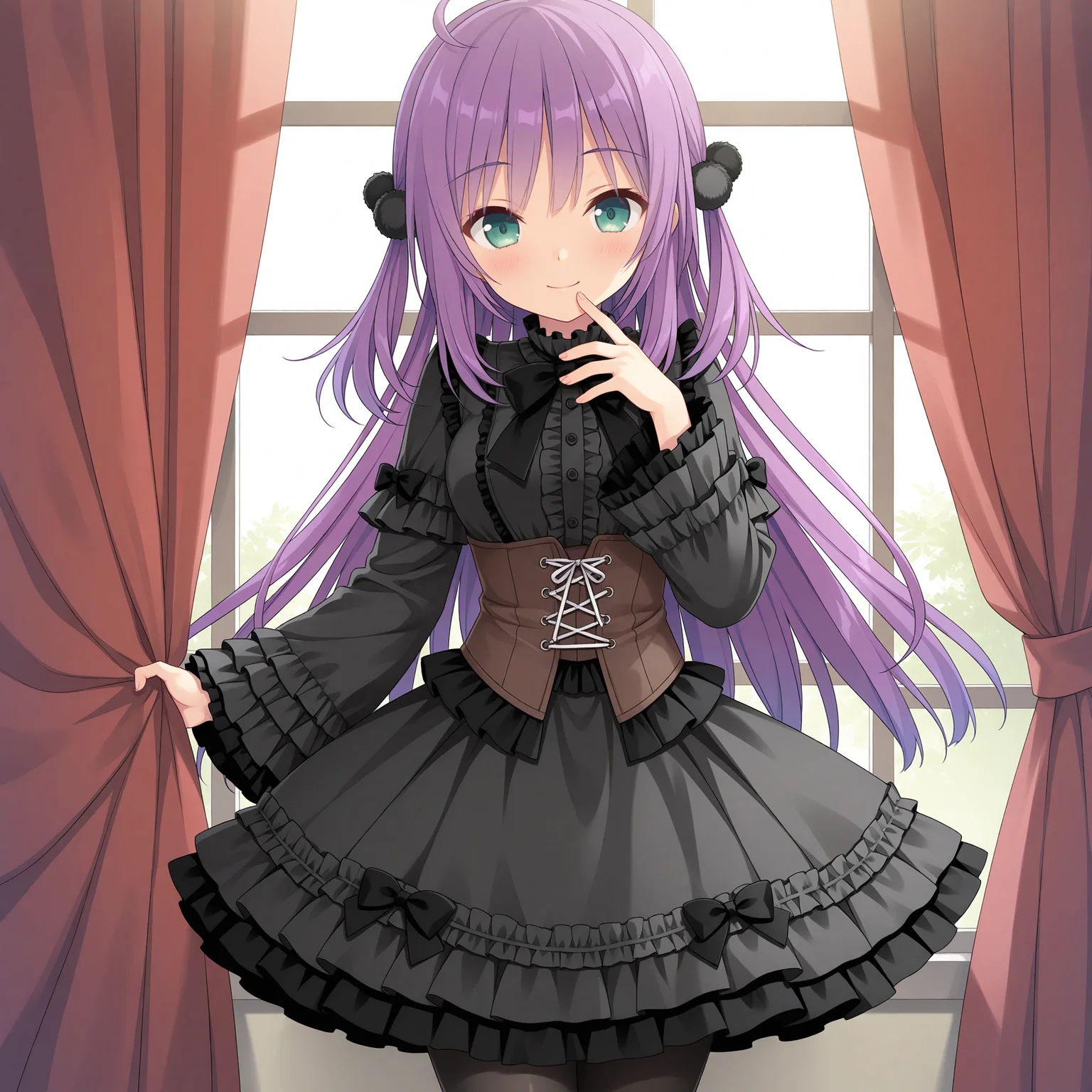 <lora:Kagaya_Yuna_1_nai-000046:1>,Kagaya Yuna,
two side up,pom pom hair ornament,black ornament,official outfit,black dress,black pantyhose,long sleeves,black bow,corset,frills,frilled dress,black frills,black bowtie,frilled sleeves,
BREAK
1girl,solo,smile,window,standing,curtains,curtain grab,looking at viewer,front view,cowboy_shot,finger to mouth,
