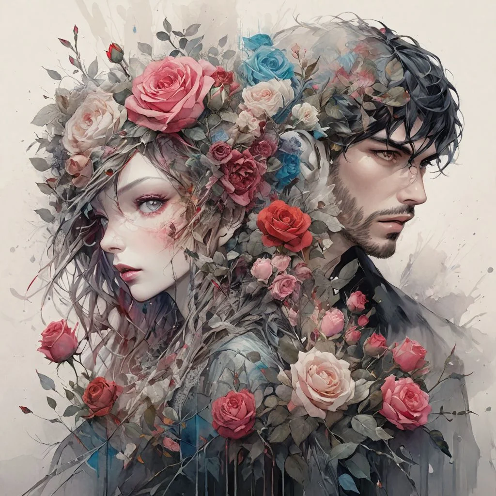 Romantic lover with roses, by Minjae Lee, Carne Griffiths, Emily Kell, Steve McCurry, Geoffroy Thoorens, Aaron Horkey, Jordan Grimmer, Greg Rutkowski, amazing depth,high resolution, ink painting
