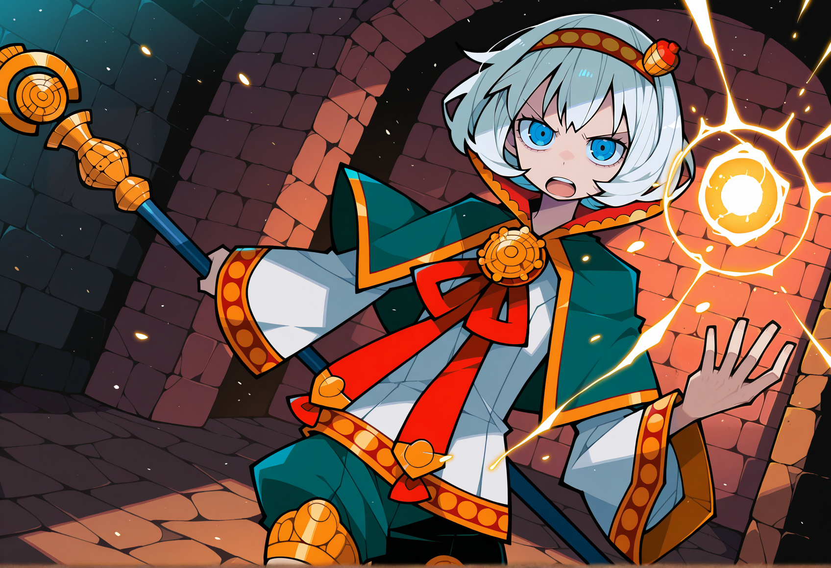 dowman sayman, skinny, 1girl, solo, white hair, blue eyes, hairband, hair ornament, jewelry, medallion, chest ribbon, long sleeves, wide sleeves, collared cape, shorts, wind, casting spell, holy magic, holding staff, open mouth, indoors, dungeon, serious, looking at viewer, <lora:manaril_tierkreis:1>, masterpiece, best quality, amazing quality, very aesthetic, absurdres, highres, newest