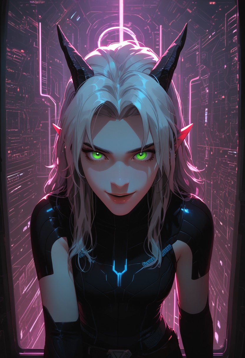 ((score_9_up, score_8_up, score_7_up:1.3)), rating_safe, face closeup, 1girl, rayla, long hair, white hair, horns, pointy ears, green eyes, (very attractive face), wide hips, image from above, (expressive eyes), (cobalt blue, white and magenta plugsuit:1.1), futuristic style, inside spaceship cabin, circular window, seated on window seat (futuristic computer monitors, gauges, lights:1.1), detailed background, amazing background, neon, glow, glowing, (bioluminescence:1.1), high contrast, dynamic angle, dynamic pose, laughing expression, very aesthetic, diffused lighting, every detail illuminated, ultra-detailed, masterpiece artwork, flawless anatomy, easynegative, eye catching,  Expressiveh, g0thicPXL, glowing, neon, TDPStyle,
